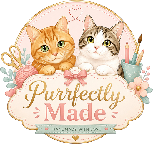 Purrfectly Made logo with two tabby cats and craft supplies.