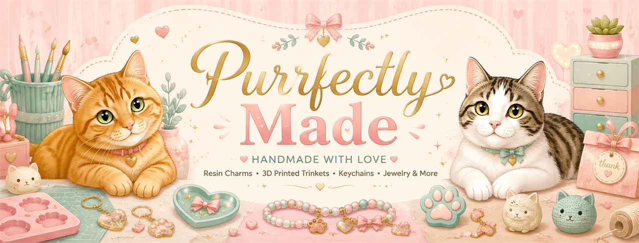 Purrfectly Made handmade craft banner with two tabby cats, beads, charms, brushes, and gift details.
